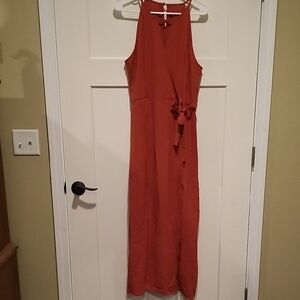 Halter Neck Wrap V Tie Waist Side Slit Boho Sleeveless Rust Maxi Dress NWT Large